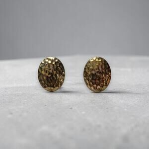Gold Tone Hammered Oval Stud Earrings / Pierced